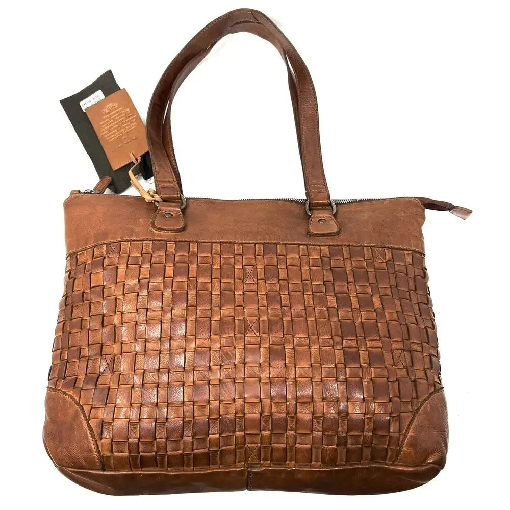 Vilenca Holland Laptop Shoulder Tote Bag Distressed Leather Brown Cognac NWT